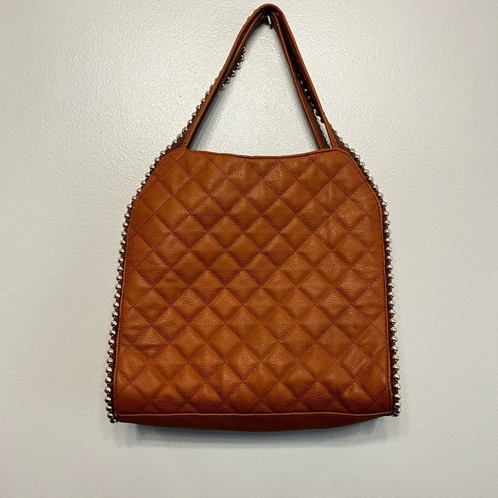 Big Buddha Large Quilted Tan Shoulder Bag Gold Beads Striped Inner Lining Boho